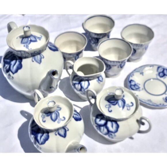 Rare Vtg Russian (USSR) Soviet Antq DULEVO Dapko Blue Floral Porcelain Tea Set - Picture 4 of 16